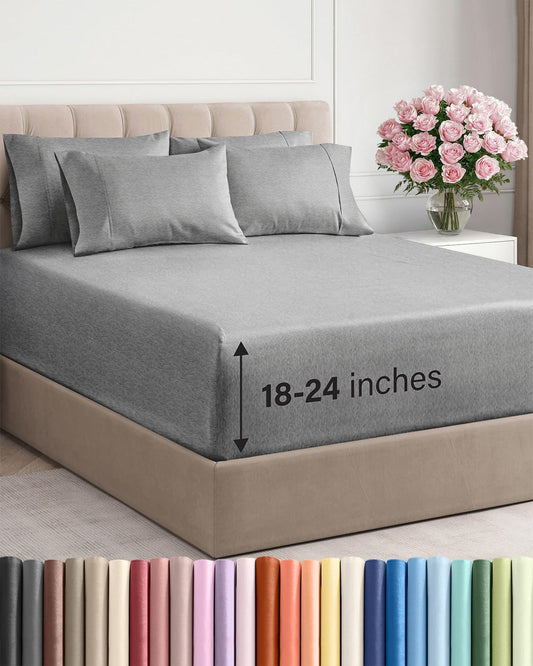 Skiennix Extra Deep Cal King Sheet Set | 6-Piece Breathable Cooling Bedding - Soft, Wrinkle-Free Heathered Grey