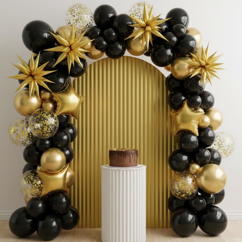 RUBFAC Black and Gold Balloons 129pcs Different Sizes Pack of 18 12 10 5 Inch, Latex Balloon Garland Arch Kit for Party Graduation Wedding Holiday Happy Birthday Decoration