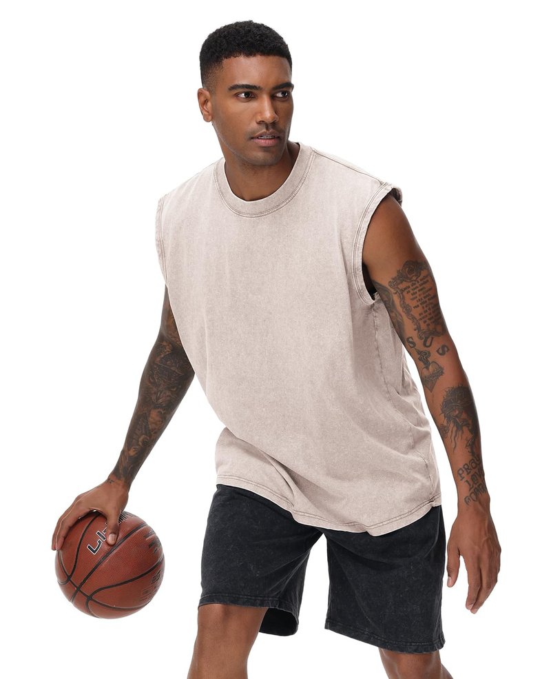 Mens Workout Tank Tops Sleeveless Tee Shirts Men Muscle Shirt Gym Acid Wash T Shirts Running Beach Loose Fit Tee(AC,S) Ivory