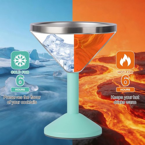 Daximo 13 oz Double-Wall Vacuum Insulated Martini Tumbler – Stainless Steel Martini Glasses with Lid and Non-slip Base – Elegant Large Martini Cups for Perfectly Chilled Drinks (Mint Green)