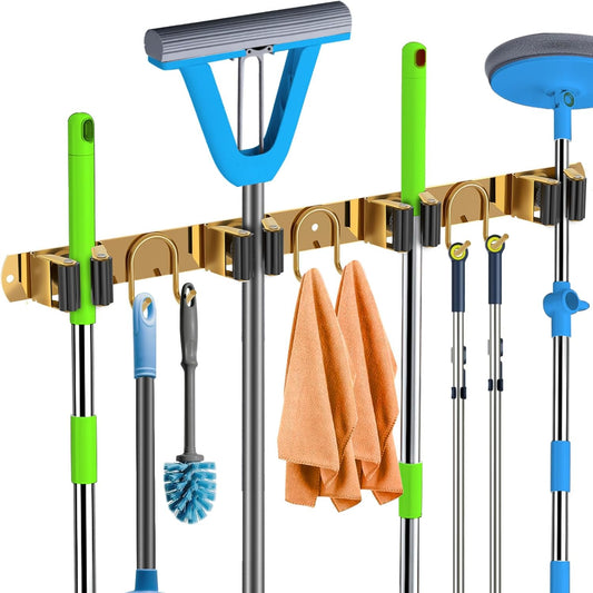 Skiennix Mop Broom Holder Wall Mount - Gold Stainless Steel Organizer with 4 Slots & 6 Hooks