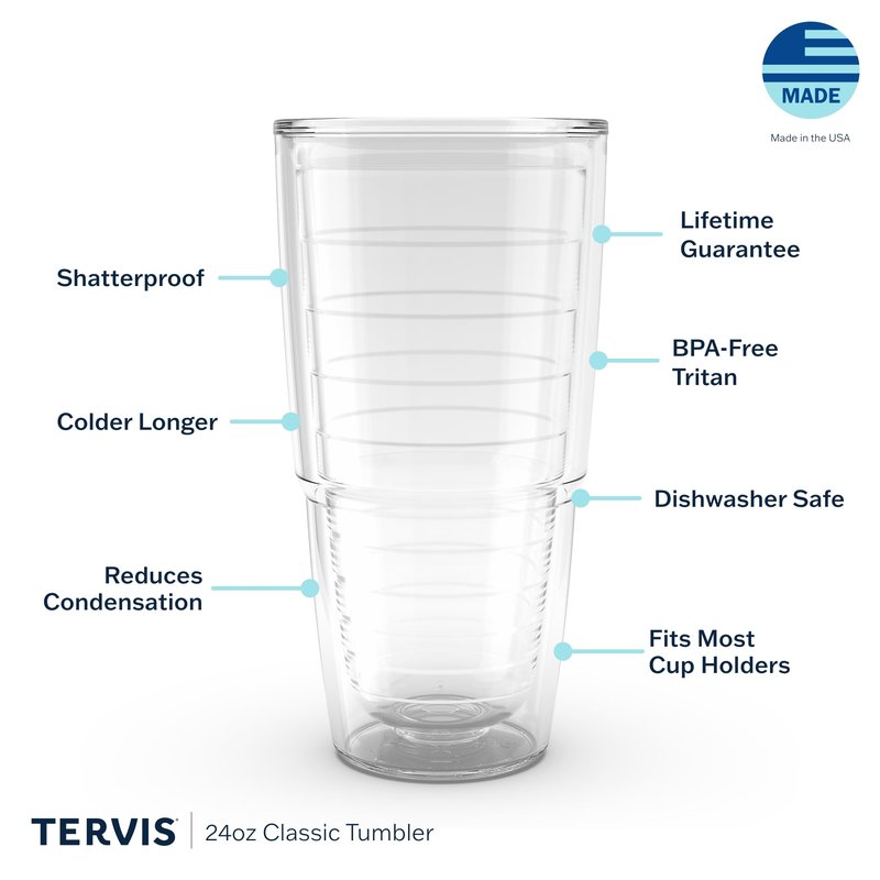 Tervis Clear & Colorful Tabletop Made in USA Double Walled Insulated Tumbler Travel Cup Keeps Drinks Cold & Hot, 24oz, Red