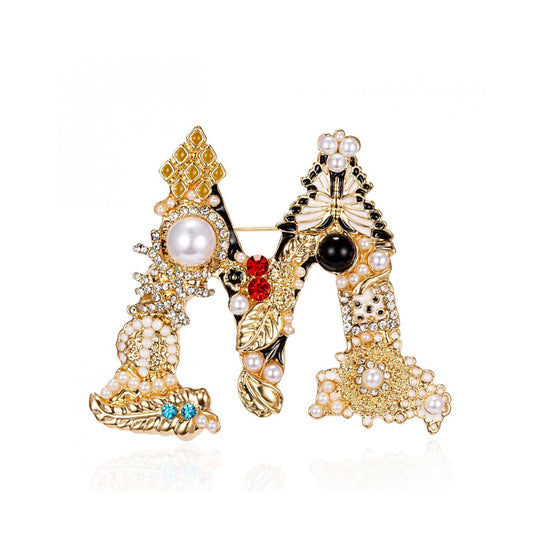 RINHOO Crystal Pearl Initial Brooch Gold Plated Enamel Colorful Letter Alphabet Breastpin Pin Jewelry for GIFTS (Letter -M)
