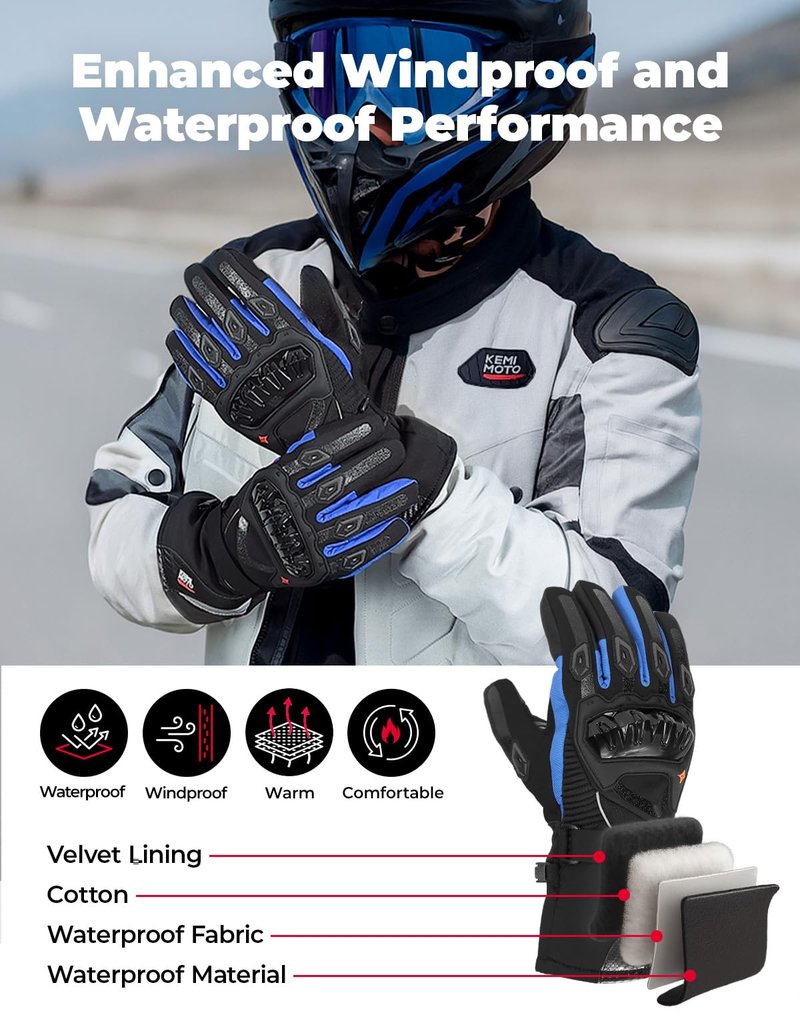 KEMIMOTO Winter Motorcycle Gloves, Rainproof Riding Warm Gloves with Touchscreen for Motorcycle Riding, ATV, UTV, Snowmobile Blue L