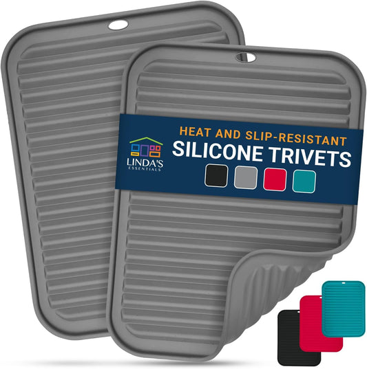 Skiennix Silicone Trivets - Heat-Resistant Pot Holders for Kitchen | 2 Pack, 9 x 12 Inch, Grey