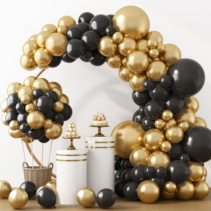 RUBFAC Black and Gold Balloons 129pcs Different Sizes Pack of 18 12 10 5 Inch, Latex Balloon Garland Arch Kit for Party Graduation Wedding Holiday Happy Birthday Decoration