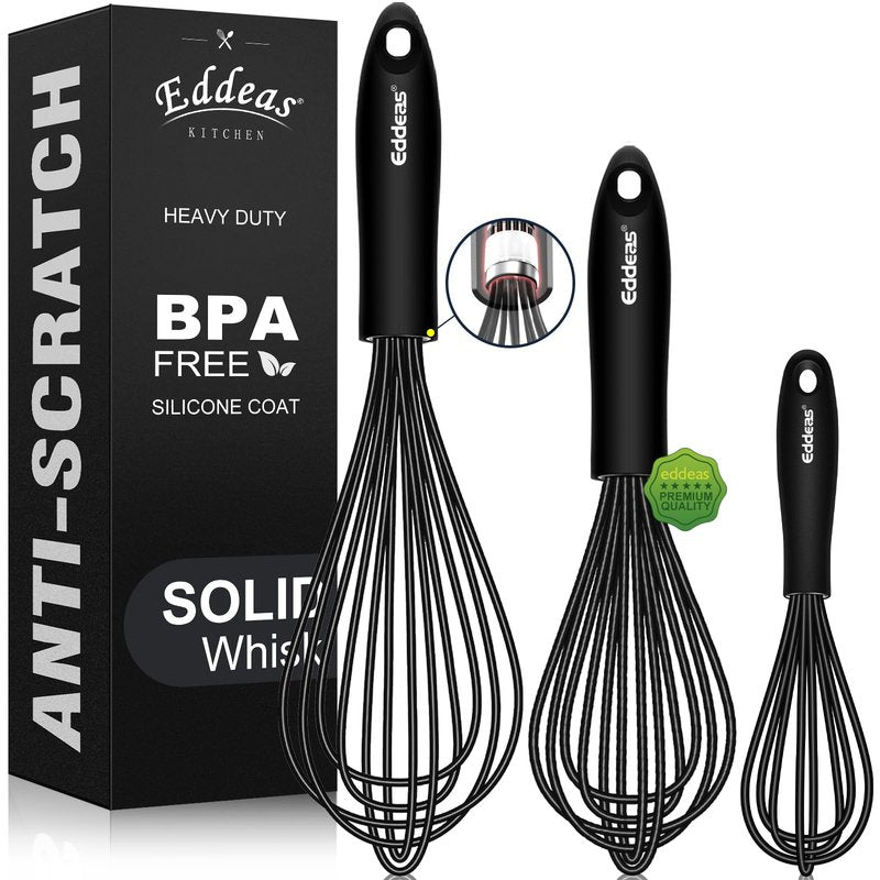 Whisks For Cooking - 500 °F Heat Resistant Silicone Whisk, Heavy Duty 7",9"&11inch Non-Scratch Balloon Kitchen Wisk tool Set, for cooking Wisking, Blending, Beating, Stirring, 3 Piece Black