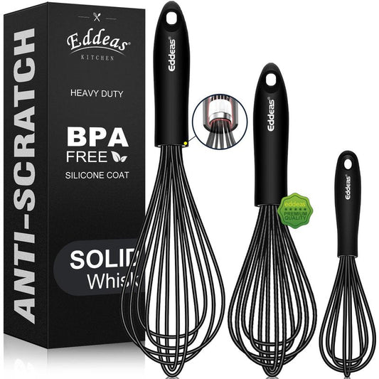 Whisks For Cooking - 500 °F Heat Resistant Silicone Whisk, Heavy Duty 7",9"&11inch Non-Scratch Balloon Kitchen Wisk tool Set, for cooking Wisking, Blending, Beating, Stirring, 3 Piece Black
