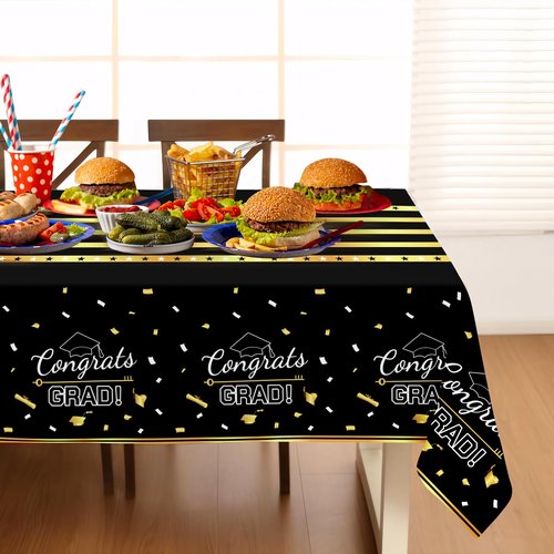 Childom 3 Pack Graduation Tablecloth,Graduation Decorations Class of 2026 Graduation Party Decorations,54"x108" Black and Gold Plastic Table Cloth Disposable Rectangle for Home,School,Party Supplies