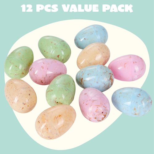 JOYIN 12 PCS Plastic Easter Marble Printed Eggs, 3.15" Multicolor Fillable Empty Eggs for Easter Hunt, Basket Stuffers, Candy Treats, Classroom Prize, Holiday Supplies and Party Favor