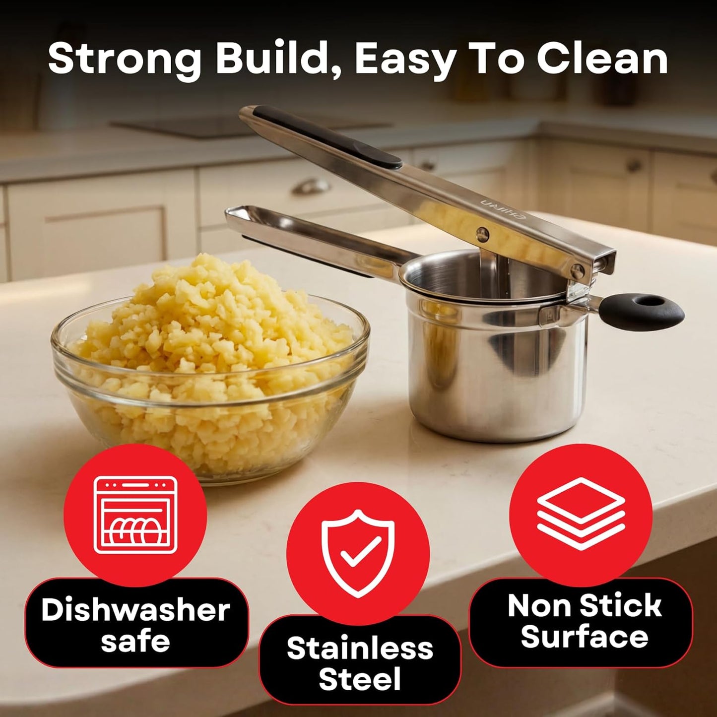 Professional 430 Stainless Steel Potato Ricer - Large 15oz Masher for Fluffy Potatoes, Gnocchi & Baby Food - Ergonomic Non-Slip Handles, Dishwasher Safe