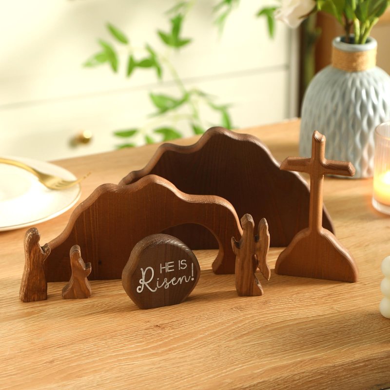 zonhajia The Empty Tomb Easter Scene, Christian Cross Decorations, Wooden Nativity Set, Decorations Religious Jesus Tomb Easter Kit Display for Home, Tabletop, Office, Gift