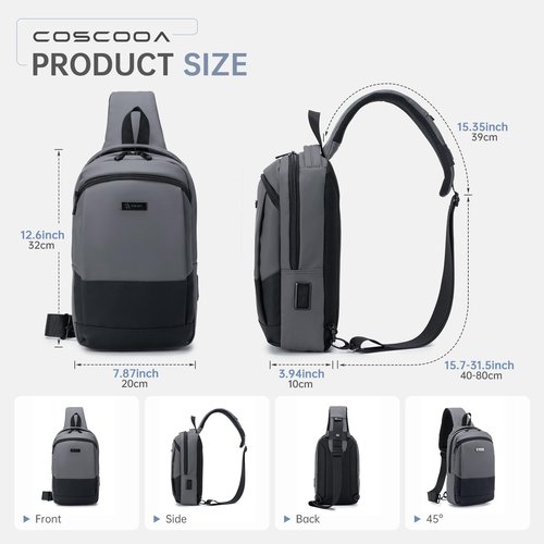 COSCOOA Sling Bag for Men, Anti-theft Crossbody Bag with USB Charging Port, PU Leather Shoulder Bag for Women Travel Outdoor Casual Sports Daypacks