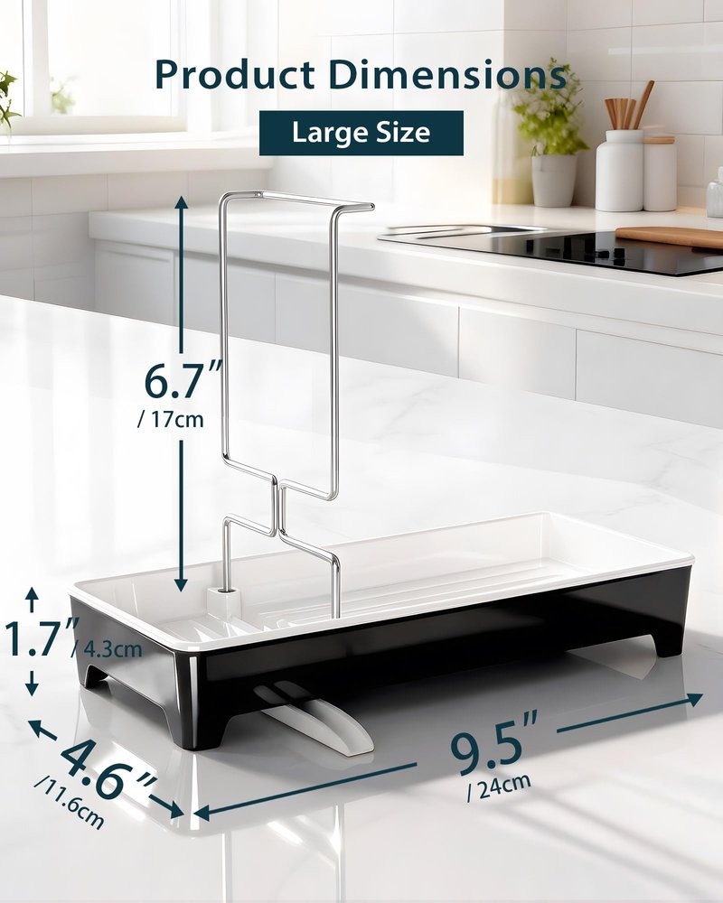 Caumic Minimalist Sink Caddy, Rustproof Sponge Holder for Kitchen Sink with 304 Stainless-Steel Brush Holder, Countertop Rack Organizer with Raised Ridges & Silicone Drain Tube (Black, Large)