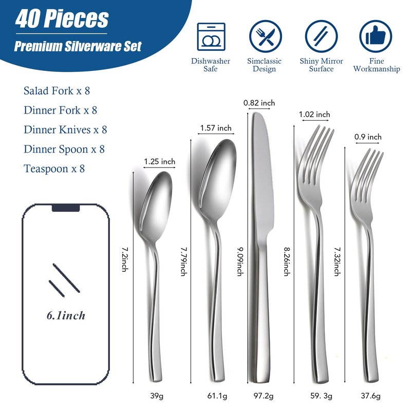 40 Piece Silverware Sets with Unique Handles, EIUBUIE Premium Stainless Steel Flatware Set for 8, Mirror Finished Kitchen Tableware Cutlery Rust Proof Dishwasher Safe Forks Spoons and Knives Set