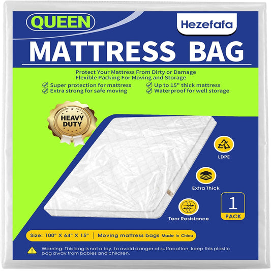 Queen Size Mattress Bag - Heavy-Duty Plastic Protector for Moving | 1PK Mattress Cover