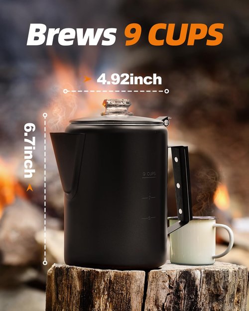 MEREZA Coffee Percolator Stovetop Camping Coffee Pot Stainless Steel 9 CUP Camping Coffee Maker Outdoor Home NO Aluminum or Plastic Black