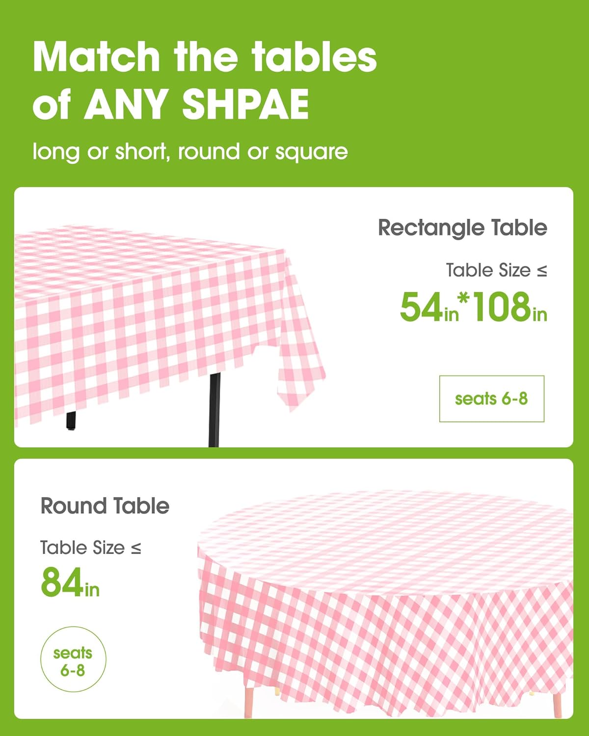 Pureegg Disposable Plastic Tablecloths - Sturdy 54 x 108 Inch Gingham Design, Pink & White Checkered, 8 Pack