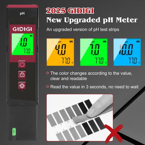 GIDIGI Digital pH Meter High Accuracy UL-Certified Water Tester with 6 Packs Calibration Powders Color LCD Backlit Display with pH Test Strip for Pools Hydroponics Aquariums Hot Tubs Drinking Water