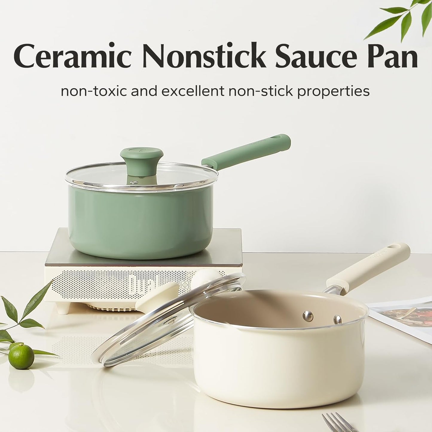 Redchef Ceramic Nonstick Saucepan - 1.5QT Small Cooking Pot with Lid, PFAS-Free, Green