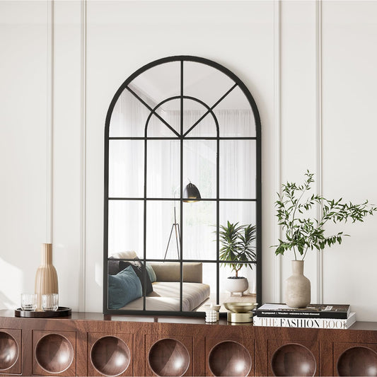OGCAU Wall Mounted Mirror, 24"x42" Arched Wall Mirror, Arched Window Shaped Farmhouse Style with Iron Frame, Paneled Wall Decor for Bedroom, Entryway, Living Room (Black)