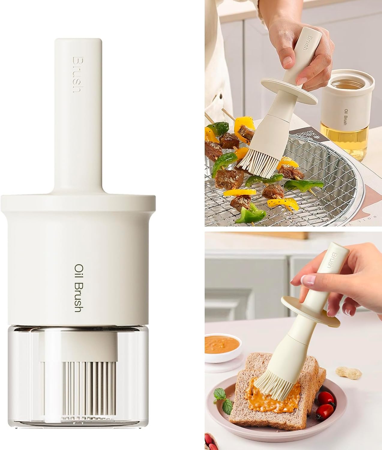 YARRAMATE Glass Oil Dispenser with Brush - 300ml Kitchen Bottle & Heat Resistant Silicone Basting Brush - Creamy White