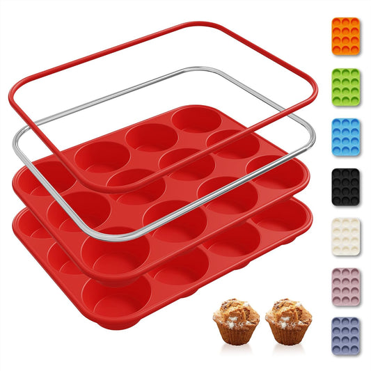 Skiennix Silicone Muffin Pan - 12-Cup Nonstick Baking Molds with Metal Reinforced Frame | Regular Size
