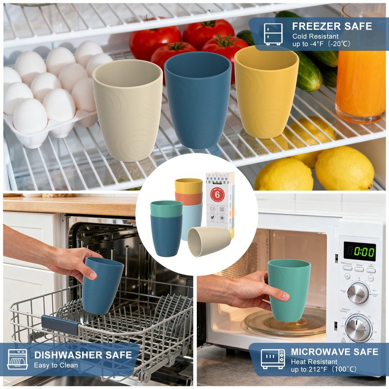 Perlapoc Wheat Straw Cups, Plastic Cups Reusable, Unbreakable Drinking Glasses Set of 6, Plastic Cups for Kitchen Camping Outdoor, 16 OZ Dishwasher Safe Tumblers & Water Glasses, Multi