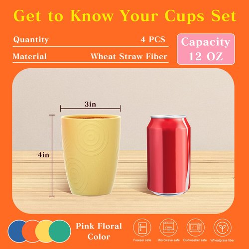 Homienly Plastic Cups Alternative Wheat Straw Drinking Glasses 4-Pack | 12 oz Unbreakable & Reusable Plastic Cups, Microwave Safe | Everyday Kids Tumblers & Kitchen Accessories (Multi-Color)