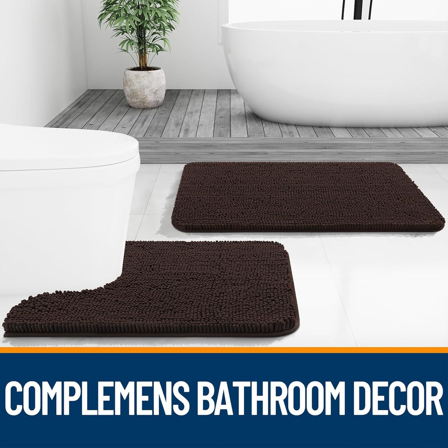OLANLY Large Bathroom Rugs - Extra Soft Chenille Bath Mats with Rubber Backing | 40x32, Quick Dry, Brown