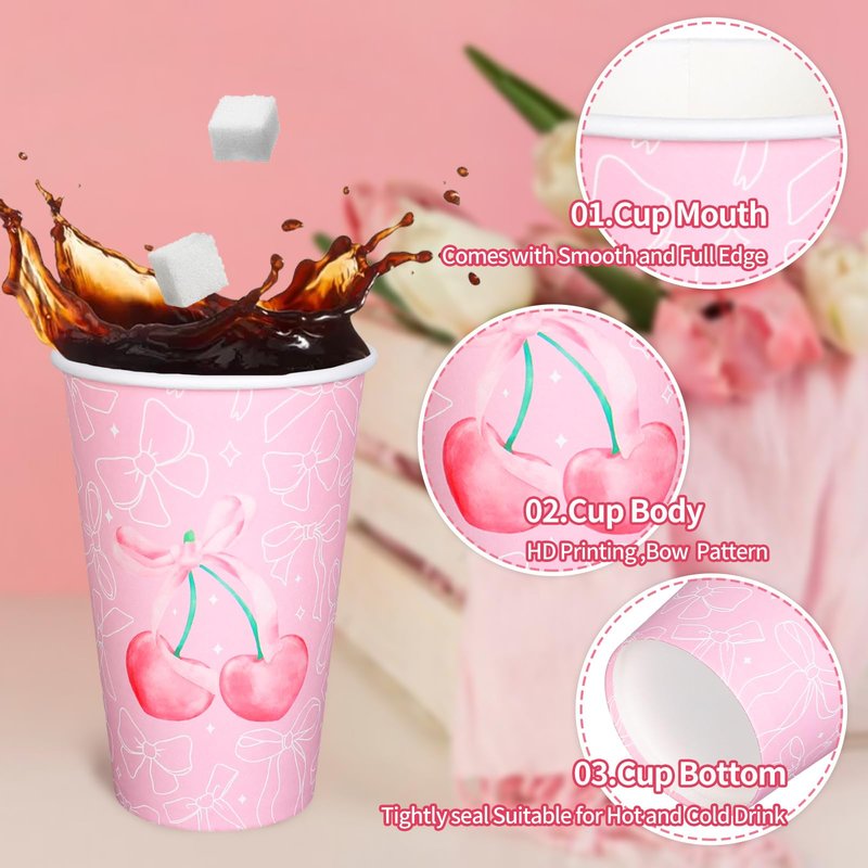 FYSUIMU 50 Pcs Pink Bow Coffee Paper Cups Cherry Bowknot Coquette 16 Oz Disposable Cups with Lids for Hot Cold Drinks Birthday Baby Shower Bachelorette Party Supplies, 2 Designs