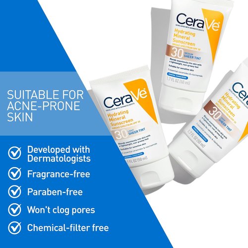 CeraVe Hydrating Mineral Sunscreen SPF 30 - Tinted Zinc Oxide Formula for a Healthy Glow | Medium, 1.7 oz