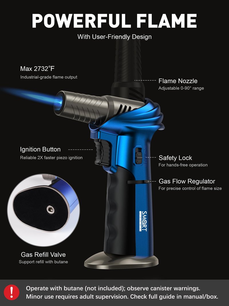 SMART JERRY - Mini Torch Gun | Butane Torch Lighter Windproof & Refillable with Safety Lock | Max 1500℃ Adjustable Flame for Cooking, BBQ, Creme Brulee, Soldering, Cigar Lighting