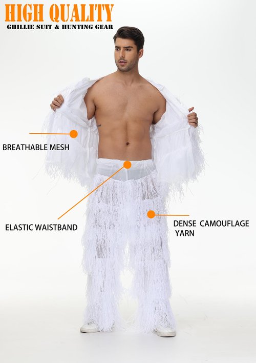 Alnintte 6 in 1 Ghillie Suit,3D Hunting Camouflage Halloween Scary Costume Including Jacket,Pants,Hood,Glove Suitable for Men Teens (White, M/L)