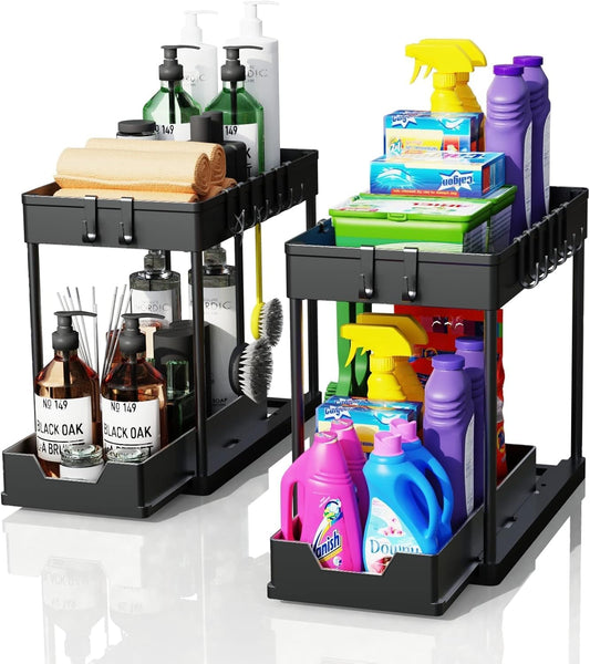 Under Sink Organizers by [Brand Name] - 2-Tier Sliding Cabinet Basket with Hooks | Multi-Purpose Storage for Bathroom & Kitchen