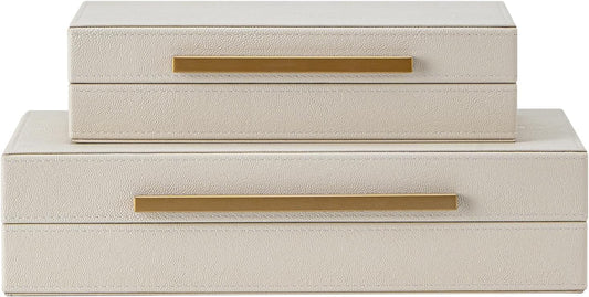 Skiennix Set of 2 Beige Shagreen Decorative Storage Boxes - Faux Leather Jewelry & Memory Organizers