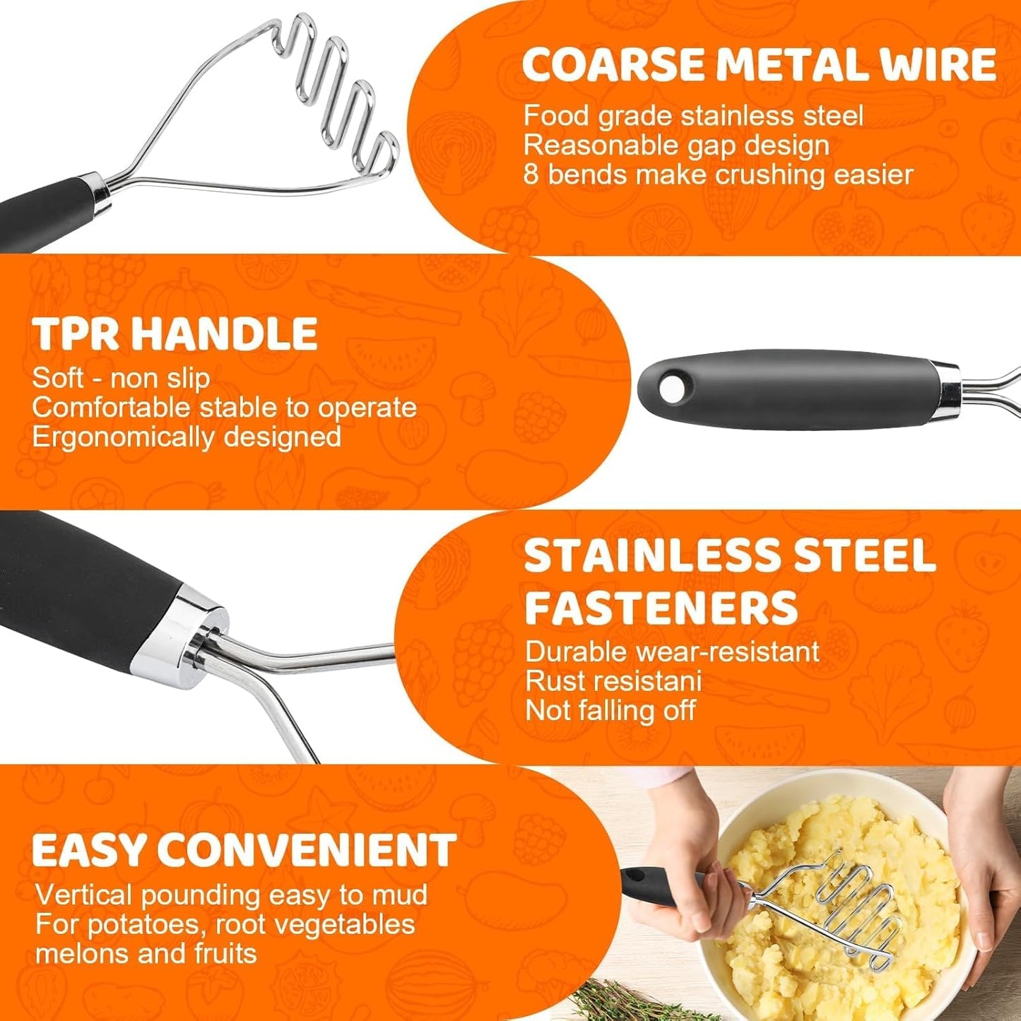 Regine Switzerland Potato Masher Set - 2-Piece 10.25-Inch Stainless Steel Kitchen Tool | Versatile for Vegetables & Fruits