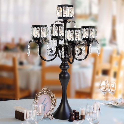 Crystal Candle Holder by [Brand Name] - 5-Arm Black Metal Design | 22-Inch Tall Wedding Centerpiece