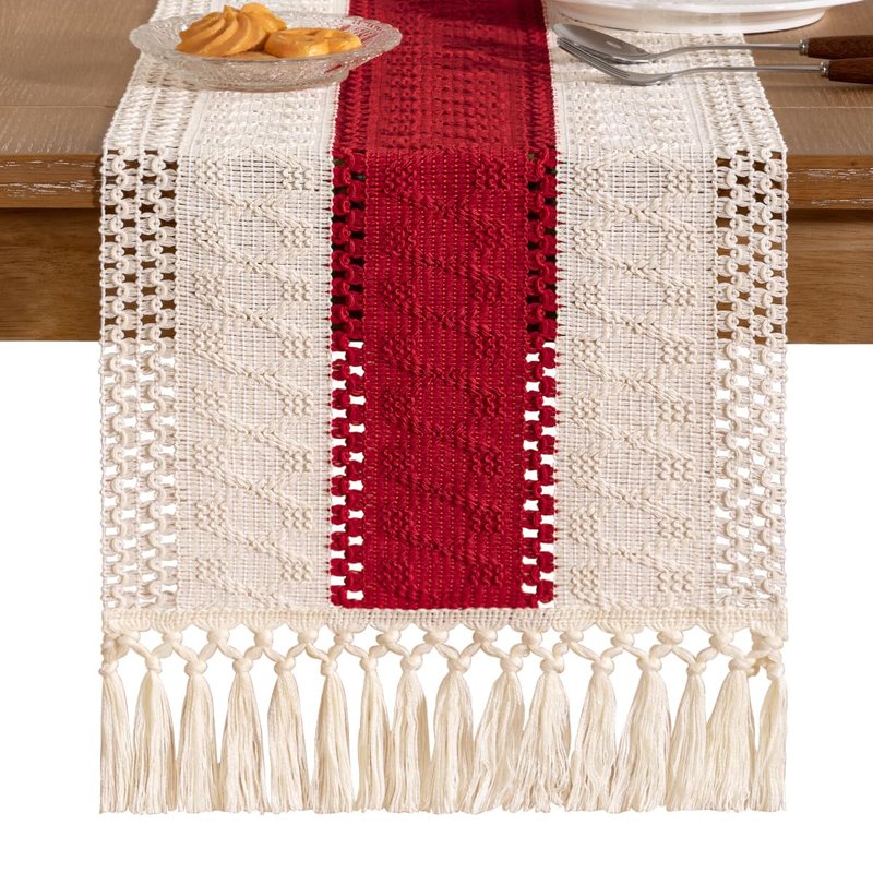 Socomi Boho Table Runner Easter Spring Farmhouse Rustic Dining Kitchen Centerpiece Decor Small Macrame Woven Cotton Linen Coffee Table Runner for Dresser Scarf Home Decor 12x60 in Red Ivory