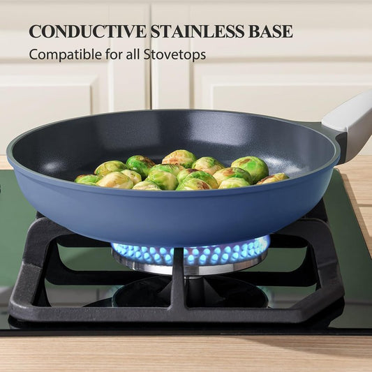 PRICUSIS Nonstick Ceramic Frying Pan, 8/10/12 Inch Non Toxic Skillet, Egg & Omelet & Chef's Pan, Induction Compatible & Oven Safe, Dishwasher Safe,PTFE PFAS & PFOA Free (8 Inch, Blue Gray)