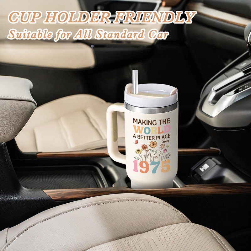 Gtmileo 50th Birthday Gifts for Her Women, 1975 Birthday Gift For Women 40oz Tumbler with Handle, 50 Year Old Birthday Gifts for Women, Cool Gifts for 50th Birthday Woman for Friends Family, Beige