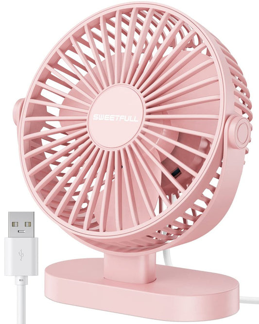 SWEETFULL Desk Fan USB Small Fan, 3 Speeds Portable Fan, 360° Rotate Personal Desktop Table Fan, Mini Fan Quiet Operation, for Home Office Car Outdoor Travel (Pink)
