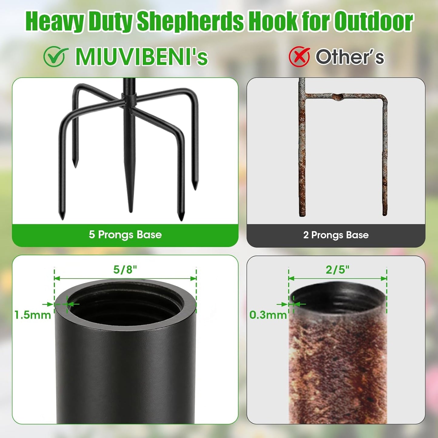 Skiennix 79-Inch Double Shepherds Hooks - Heavy Duty Bird Feeder Pole with 5-Prong Base for Outdoor Use