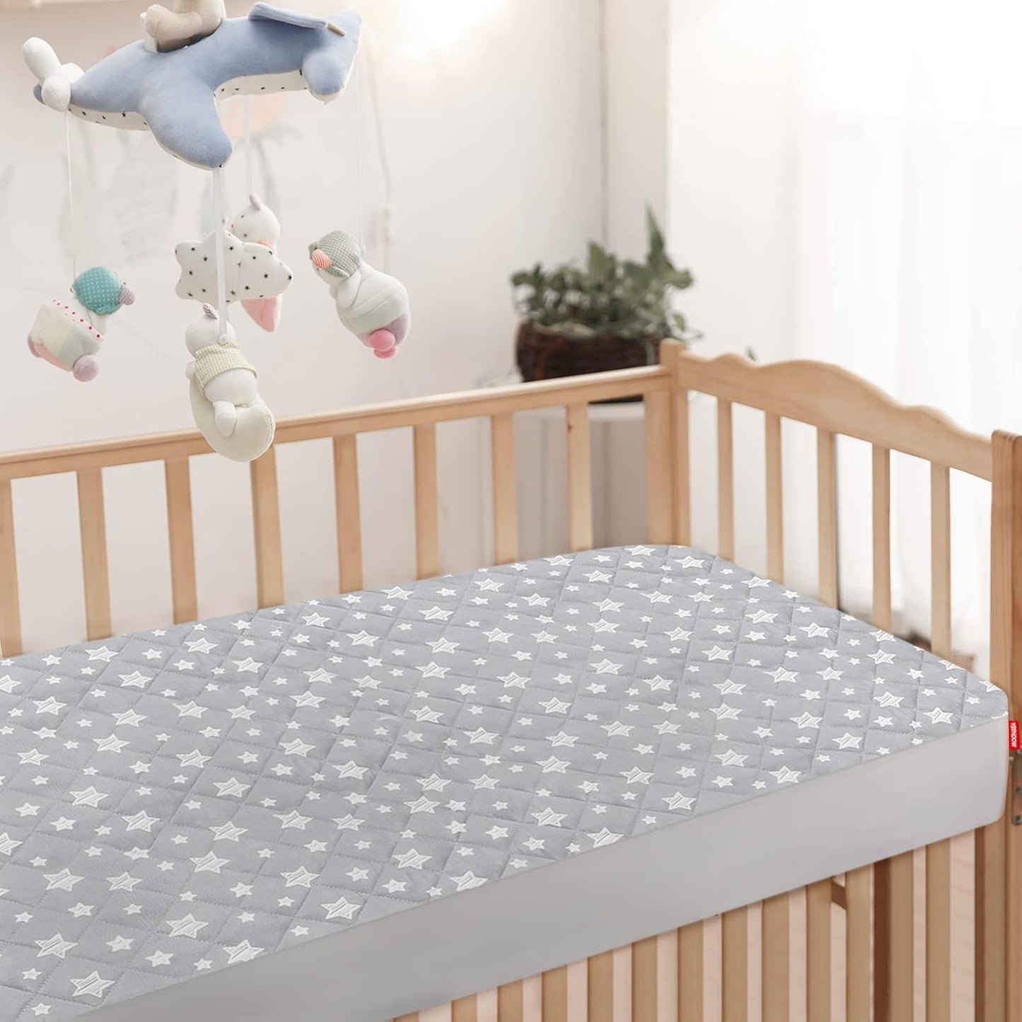 Skiennix Crib Mattress Protector - Waterproof Quilted Pad Cover, Extra Soft & Breathable, 52" x 28", Grey Star