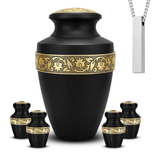 Set of 6 Black & Gold Decorative Cremation Urns for Ashes Adult Male & Female Includes 1 Large Black Urn with 4 Small Keepsakes & 1 NecklaceUrn for Human Ashes