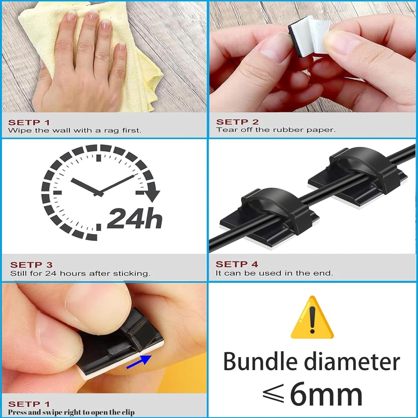 Skiennix Adhesive Cable Holder Clips - 50 Pcs Black Wire Management for Cables ≤ 6mm | Ideal for Home & Office
