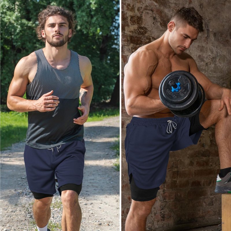 candyfouse Men's 2 in 1 Running Shorts, Quick Dry Workout Shorts with Liner, Athletic Shorts with Zip Pockets and Towel Loop Navy Blue