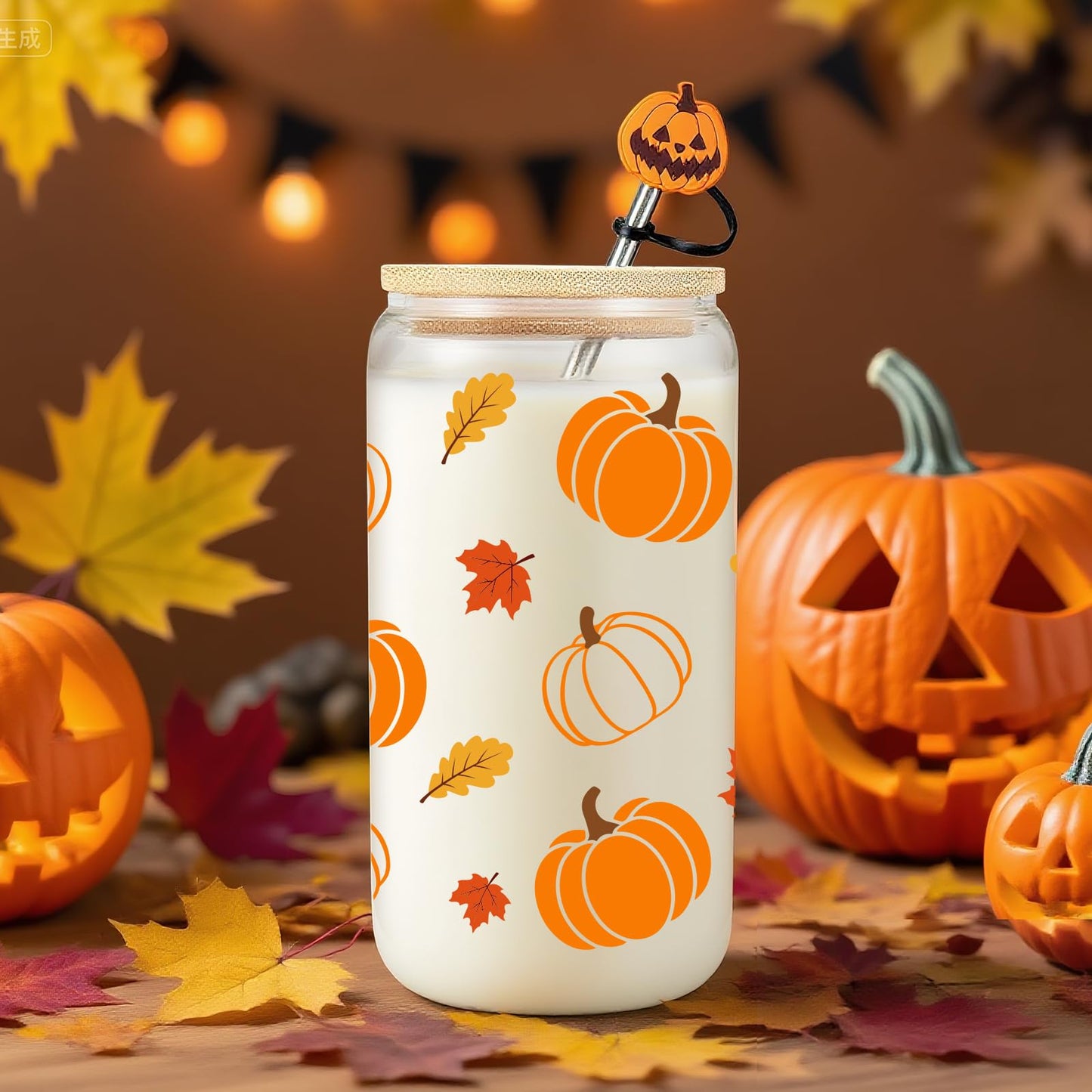 Frerdui Halloween Pumpkin Coffee Cup - 16 Oz Pumpkins Fall Mug, Iced Coffee Glass Tumbler Glass Cups W/Lids Straws, Cute Halloween Fall Gifts for Women Teens Girl