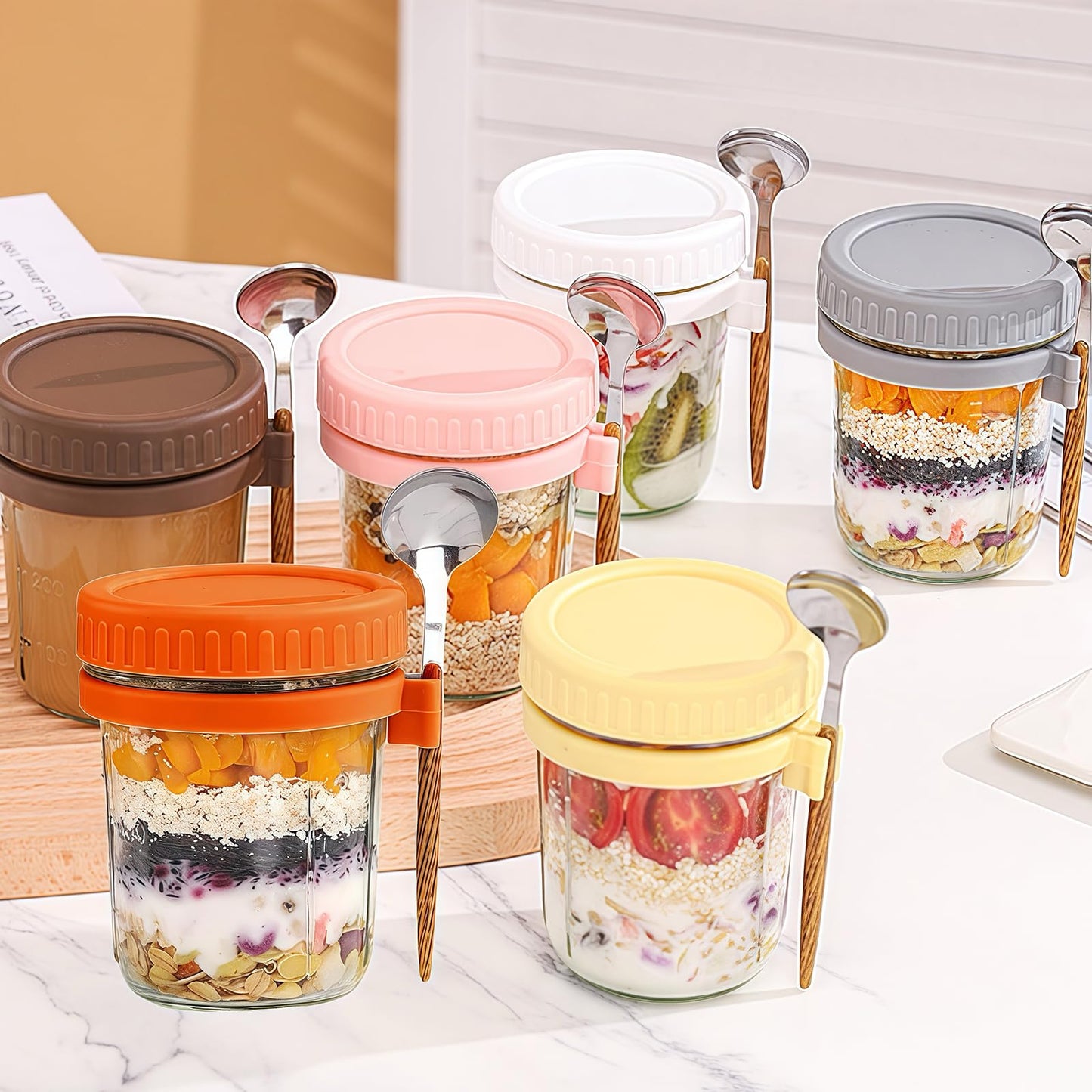 6-Pack overnight oats container, with Lids and Spoons 16 Oz Glass Mason Jars for, Large Capacity Leak Proof overnight oats jars，for Cereals, Fruits, Vegetables, Milk Salads, Yogurt.