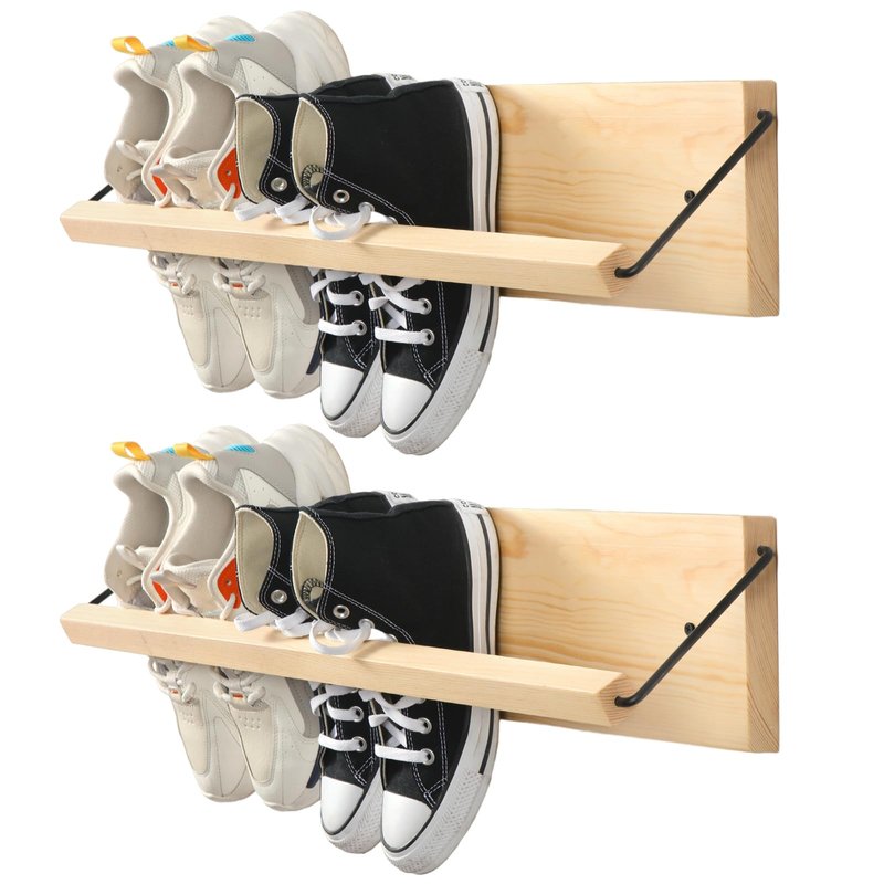 Mifoci 2 Pcs Wall Mounted Shoe Rack Organizer Wooden Modern Compact Wall Space Saving Shoe Holder Storage for Sneaker Footwear Slipper Boots Entryway Narrow Spaces Hallway(28.35'' Long)